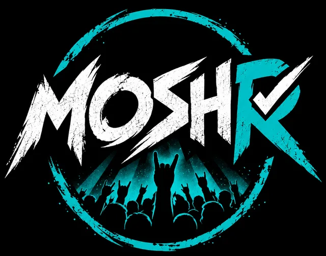 MoshR Logo: Schriftzug mit Häkchen im R über einer Menge mit erhobenen Pommesgabeln